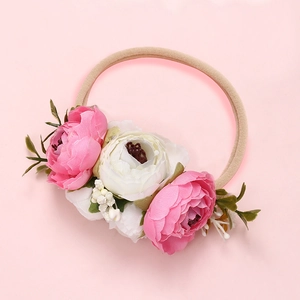 Détails de fleurs artificielles roses et blanches sur bandeau souple en nylon pour bébé