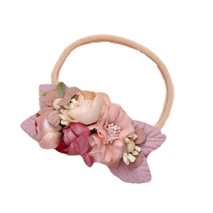 Bandeau en nylon souple avec roses et pivoines artificielles roses et beige pour bébés