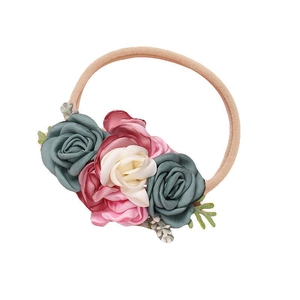 Floral baby headband with vintage silk roses in dusty pink and blue on elastic band