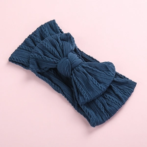 Soft nylon dark blue knit jacquard baby headband with large bow for infant girls