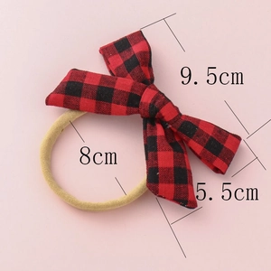Kids red buffalo plaid bow headband with elastic band, size 9.5cm by 5.5cm detail