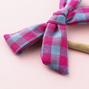 Pink and blue plaid checkered fabric bow hair tie with elastic band for girls and women