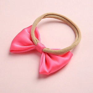 Pink satin bow headband with nude high-elastic nylon band for baby girls hair accessory