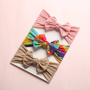 Lot de 3 bandeaux élastiques en nylon pour bébé avec grands nœuds en rose et tie-dye arc-en-ciel