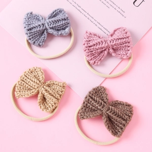 Knitted Bow Hair Tie For Baby Girls High Elastic Nylon Headband Soft Handmade Bowknot Hair Accessories For Toddler Infants