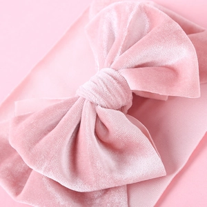 Pink velvet baby headband with large bow, Bohemian style winter accessory for kids
