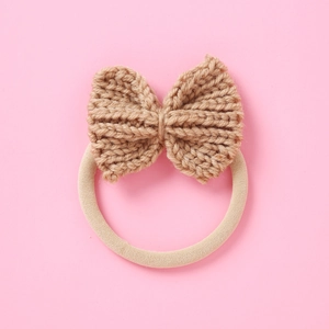Cute knitted baby bow headband with khaki yarn bow and high elastic nude fabric band