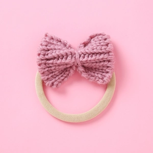 Chunky knit baby bow hair tie in soft pink and beige high elastic nylon material