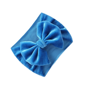 Peacock blue velvet bow headband for babies with soft elastic bohemian fabric