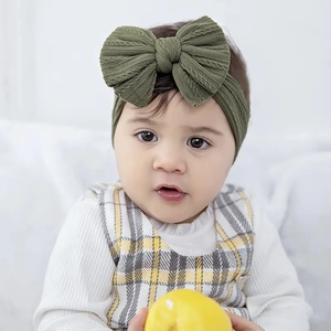 Olijfgroene jacquard nylon baby hoofdband met een grote dubbellaagse strik voor baby's