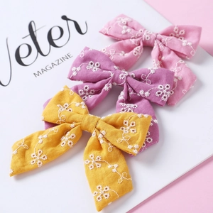 Lot de trois barrettes à cheveux en coton brodé avec motifs floraux pour filles en jaune et rose