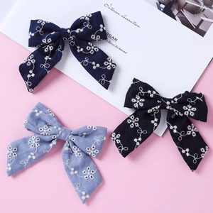 Lot de 3 barrettes à cheveux en coton avec broderie florale pour filles en bleu et noir