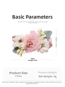 Detail view of 8cm floral hair clip with pink fabric flowers and measurement labels