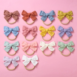 Set of 14 colorful cotton lace bow headbands with soft nylon bands for baby girls