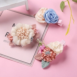 Floral fabric hair clips set for girls featuring 3D realistic flowers with pearl accents