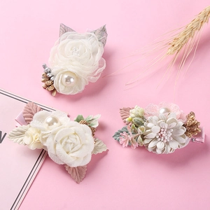 Set of 3 3D fabric flower hair clips with faux pearls for girls in ivory and pink