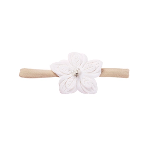 Detailed view of baby headband with a white fabric flower, pearls, and rhinestones