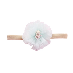 Detailed macro view of soft nylon baby headband featuring gradient mesh floral petals