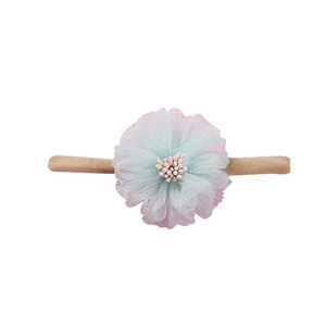 Detailed macro view of soft nylon baby headband featuring a delicate mesh flower decoration