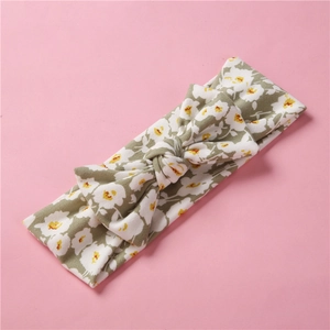 Bandeau bébé en coton extensible à motif floral vert olive avec nœud décoratif