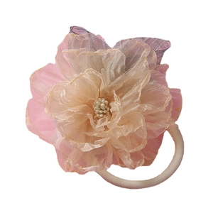 Bandeau bébé avec fleur en maille 3D et ruban en nylon doux en champagne et rose tendre