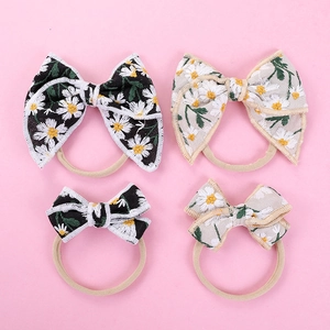 Baby Daisy Embroidered Bowknot Headband Linen Cotton Soft Nylon Elastic Hair Band Floral Infant Toddler Girls Hair Accessories
