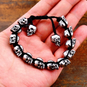 Vintage punk skull bead bracelet with adjustable black braided rope for men