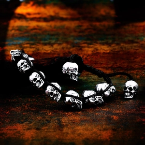 Retro punk titanium steel skull bracelet for men with vintage metallic beads and braided cord