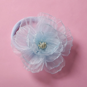 Close-up of a light blue chiffon mesh flower headband with soft nylon band for girls