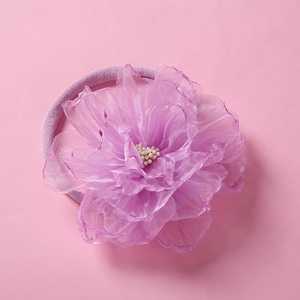 Handmade purple chiffon flower headband for baby girls with delicate white bead center