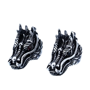 Gothic dragon head stainless steel rings with red and black crystal eyes for men