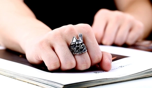 Gros plan d'une bague tête de mort pirate vintage en acier portée sur un magazine