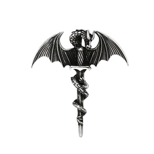 Gothic dragon wrapped around a dagger pendant in vintage silver finish stainless steel
