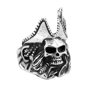 Bague tête de mort pirate vintage en acier titane avec motif de chapeau tricorne