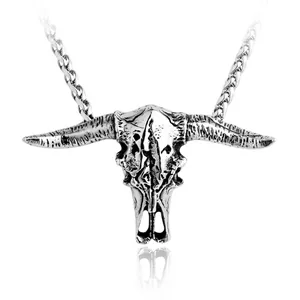 Pendentif Vintage Gothique Crâne de Taureau Acier Titane Argent Vieilli Tête de Boeuf Pendentif Uniquement Sans Chaîne Hommes Motard
