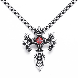 Herren Gotik Doppeldrache Kreuz Anhänger Nur Titanstahl Retro Punkrock Besetzt Rot Schwarz Strass Schmuck Geschenk