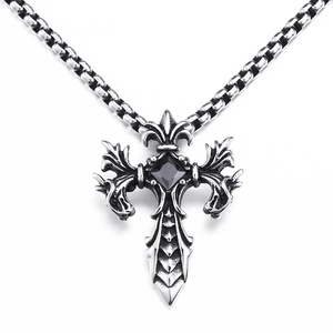 Gothic-Punk-Halskette mit Edelstahl-Kreuzanhänger und schwarzem quadratischem Edelstein