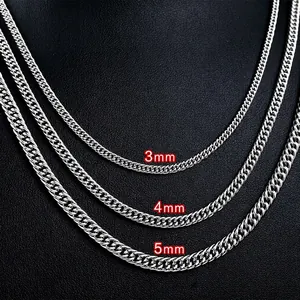 Polished silver stainless steel Cuban link chains for men in 3mm, 4mm, and 5mm widths