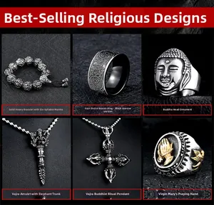 Detailed collection of vintage religious stainless steel rings and Buddhist talismans