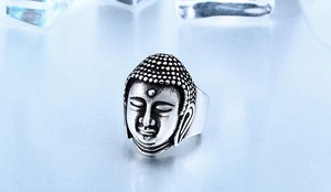 Detailed view of silver stainless steel Buddha head ring with vintage black finish