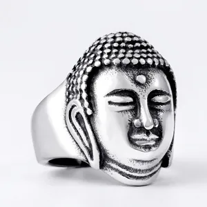 Vintage Titanium Steel Buddha Head Ring For Men Religious Sakyamuni Portrait Carved Band Ring Distressed Jewelry Gift