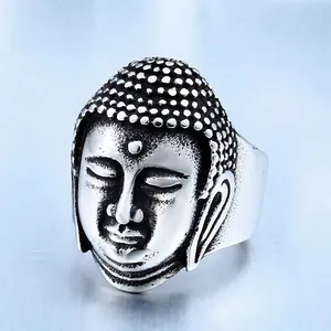 Polished stainless steel Buddha head ring for men with vintage finish and intricate details