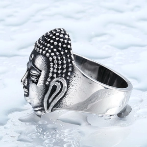 Vintage stainless steel Buddha head ring for men with detailed religious carving
