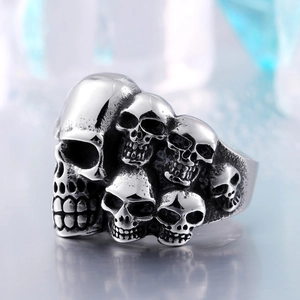 Vintage stainless steel skull ring with punk gothic style and oxidized silver finish