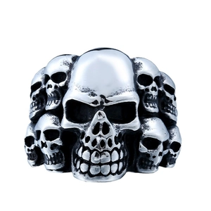 Retro vintage stainless steel multi-skull ring with gothic punk engraved details