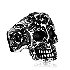 Vintage Titanium Steel Skull Ring For Men Gothic Punk Sugar Skull Rose Floral Lacquered Retro Distressed Band Ring Jewelry Gift