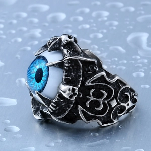 Anello punk gotico con occhio del diavolo blu, teschio e artigli in argento vintage