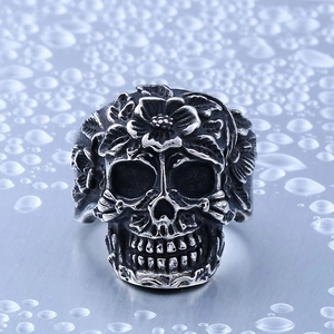 Gothic skull ring for men with vintage floral engravings and Day of the Dead design