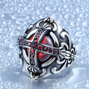 Bague gothique vintage pour homme en acier inoxydable avec pierre rouge et croix