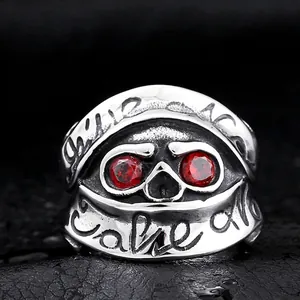 Gothic punk skull ring for men with red gemstone eyes and vintage stainless steel finish